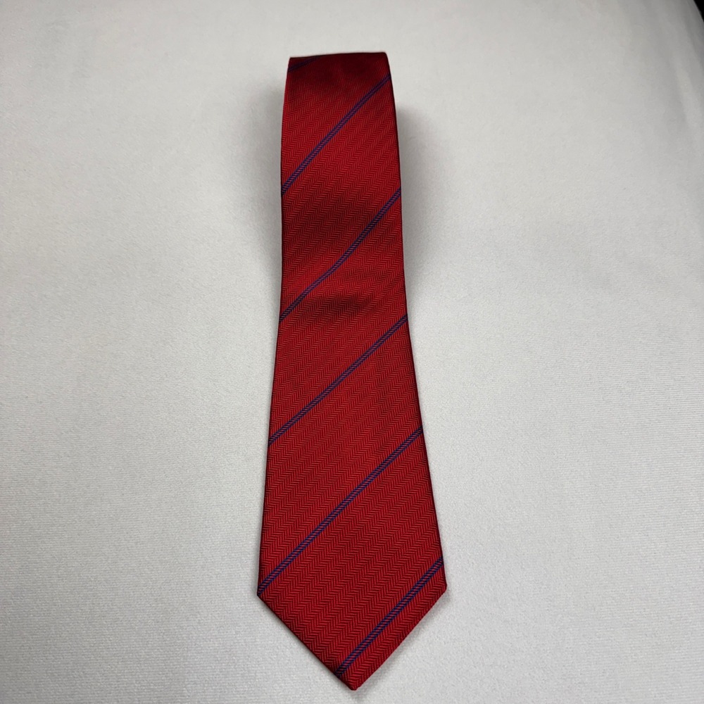 Turnbull & Asser Mens Red Herringbone Navy Blue Striped Silk Tie Clergy Estate